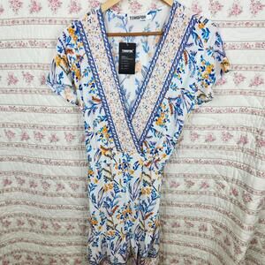 NEW Temofon Floral Print Mini Dress V-Neck Short Sleeve Summer Casual - Size L